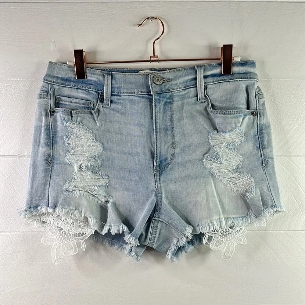 MUDD Light Wash FLX‎ Stretch Mid Rise Lace Distressed Denim Jean Shorts Size 9